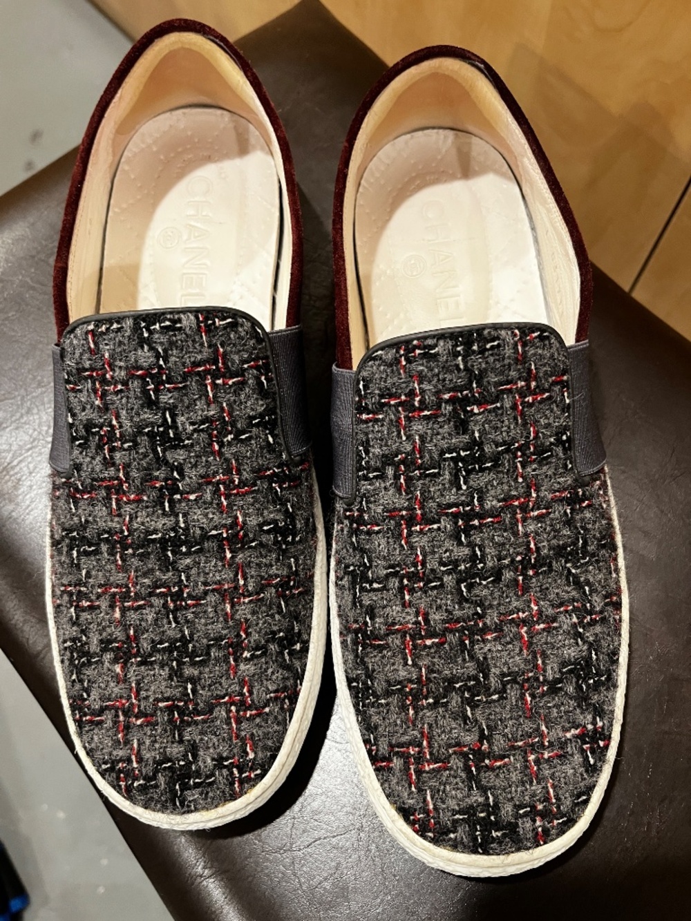 CHANEL 16B Multicolors TWEED SUEDE CC logo Slip-On Sneakers Euro 39